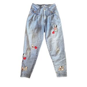 Traffic tween 9/10 high rise 90s jeans tapered Dalmatian puppy dog heart patches